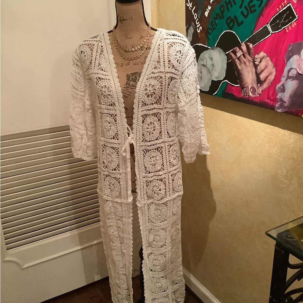 Tie front crochet maxi cardigan